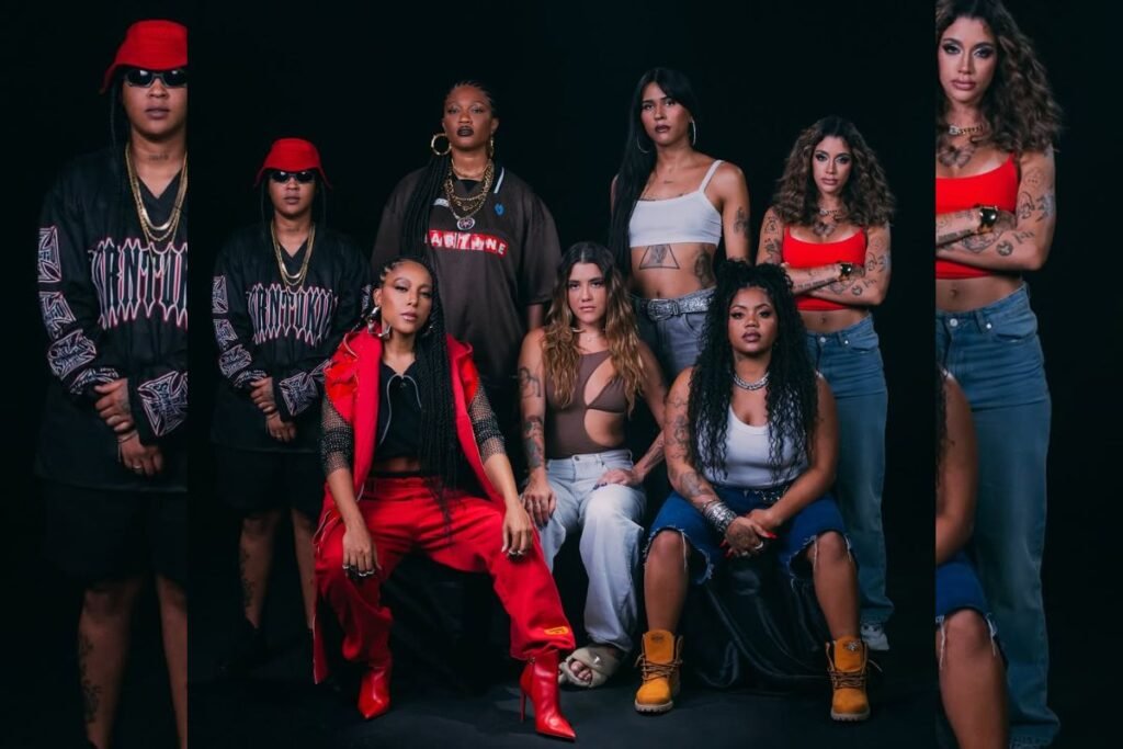 Imagem de capa com sete rappers mulheres do Poetisas no topo 4