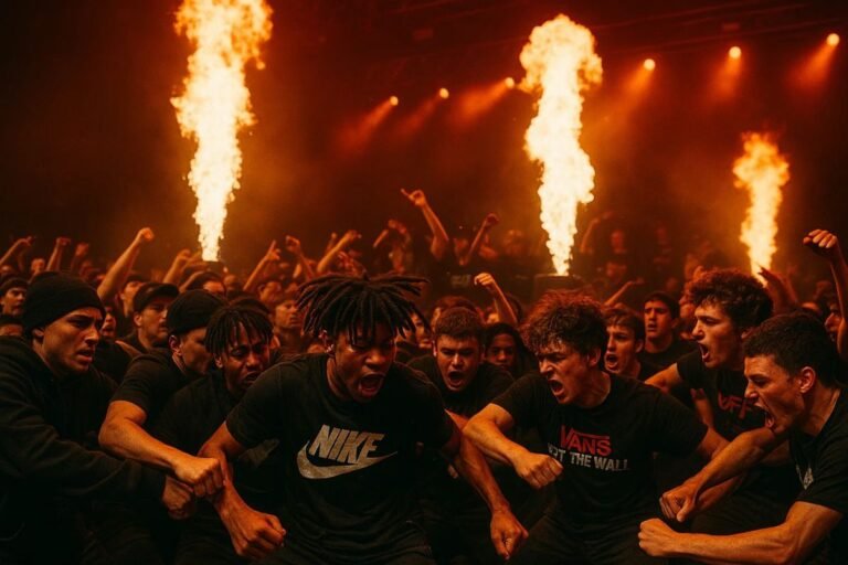 Um grupo pulando no mosh enquanto toca Drill