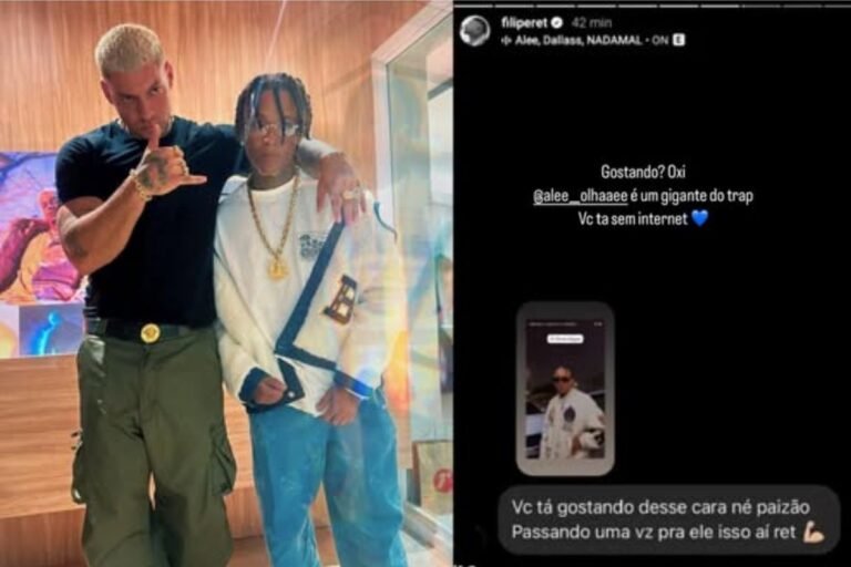 Filipe Ret e Alee na rede social ao lado de uma conversa na dm do Instagram