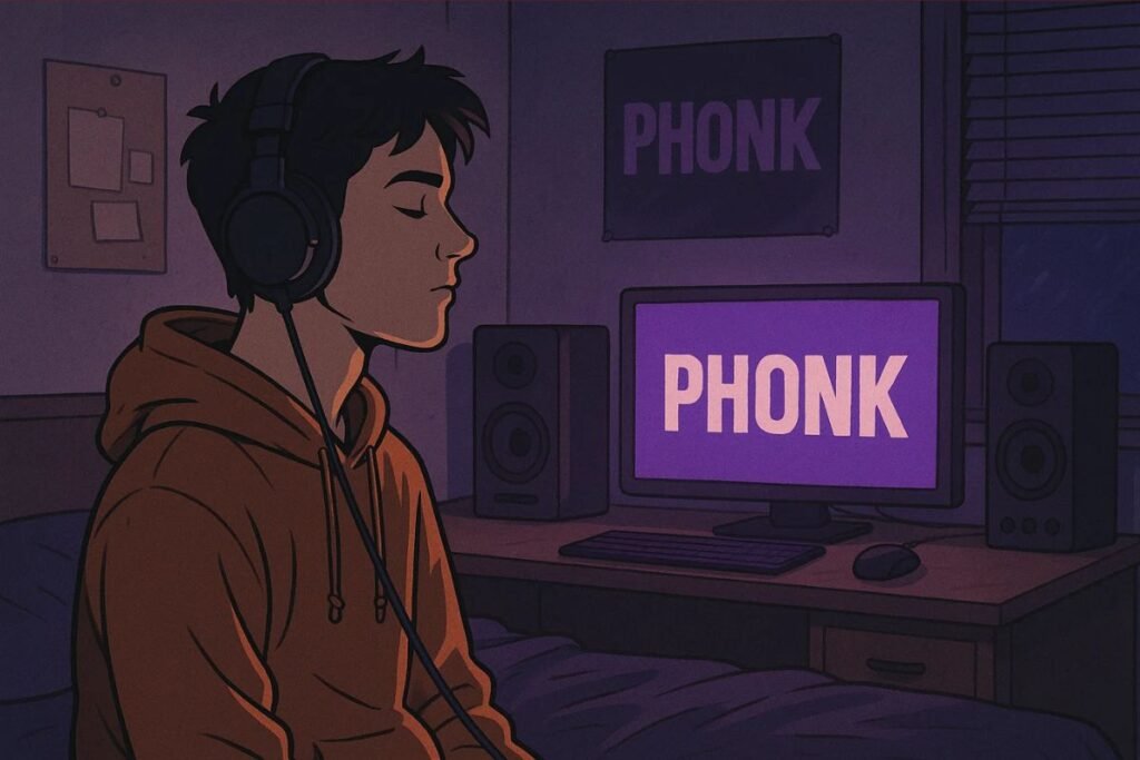 Um jovem no quarto ouvindo Phonk (animação)
