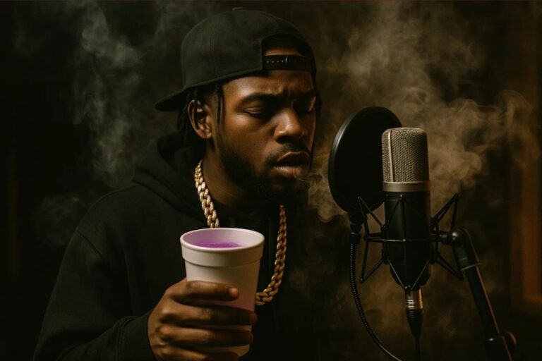 Um rapper no estúdio com um copo de isopor na mão gravando um plug