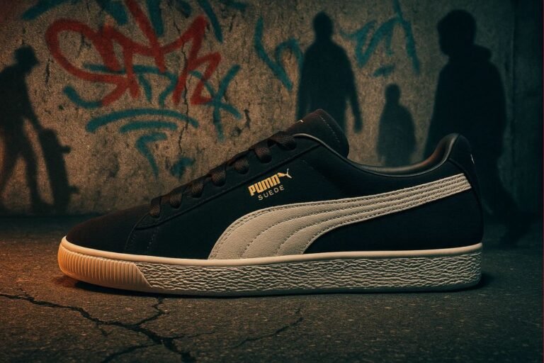 Puma Formstrip estampado em um tenis preto que está no chão