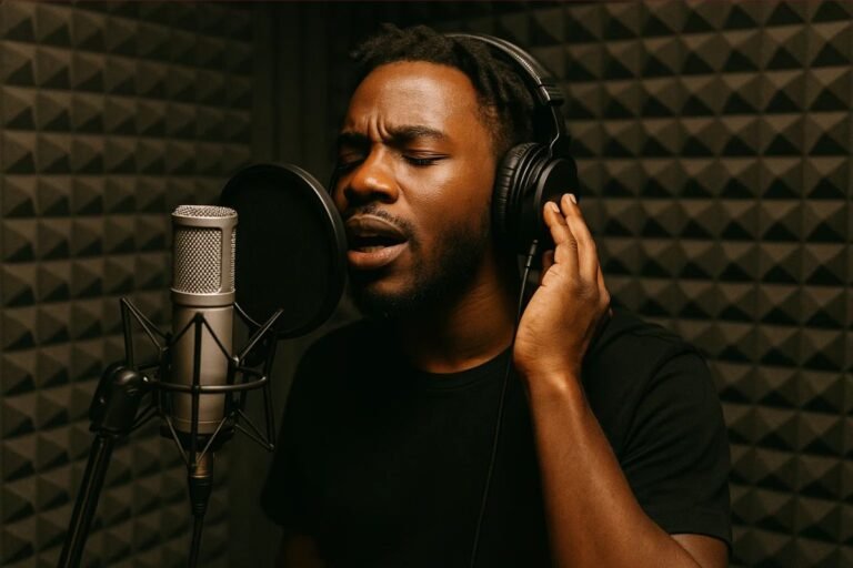 Um MC em frente ao microfone grava um trap melódico