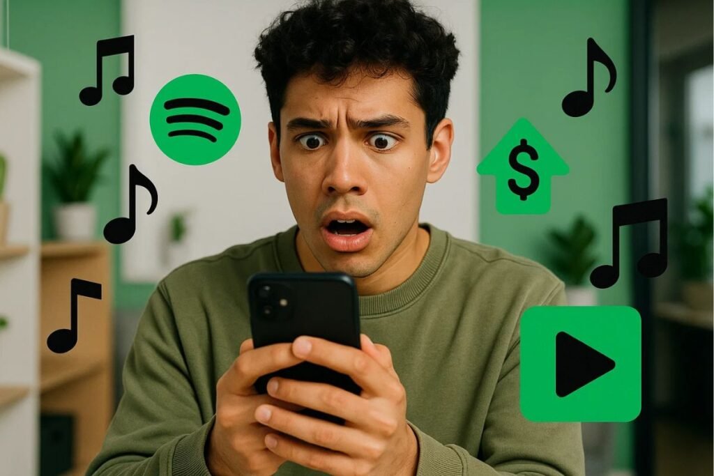 Um artista independente que usa Spotify com o celular na m&atilde;o