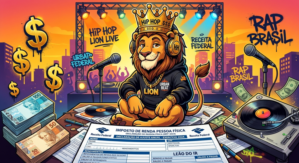 Ilustração de um leão estilizado com elementos do hip hop — coroa de ouro, fones de ouvido, e ao fundo um palco com microfone. O leão está sentado sobre um formulário de declaração de Imposto de Renda, mas com uma expressão amigável e descontraída. Nas laterais, cifrões, notas de real e um toca-discos. Fundo com gradiente em tons de laranja, fazendo a ponte entre a seriedade do fisco e a energia do hip hop.