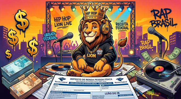 Ilustração de um leão estilizado com elementos do hip hop — coroa de ouro, fones de ouvido, e ao fundo um palco com microfone. O leão está sentado sobre um formulário de declaração de Imposto de Renda, mas com uma expressão amigável e descontraída. Nas laterais, cifrões, notas de real e um toca-discos. Fundo com gradiente em tons de laranja, fazendo a ponte entre a seriedade do fisco e a energia do hip hop.