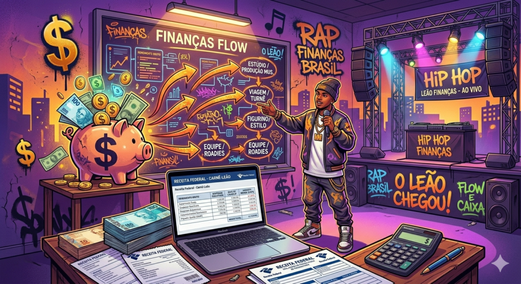 Ilustração de um artista em frente a um quadro de finanças, com setas conectando gastos do show (estúdio, viagem, figurino, equipe) a um cofrinho com cifrão. Ao fundo, um palco e um notebook aberto mostrando o sistema do Carnê-Leão. Cores vibrantes do hip hop (roxo, laranja, dourado) com elementos de finanças (planilhas, notas fiscais, calculadora).
