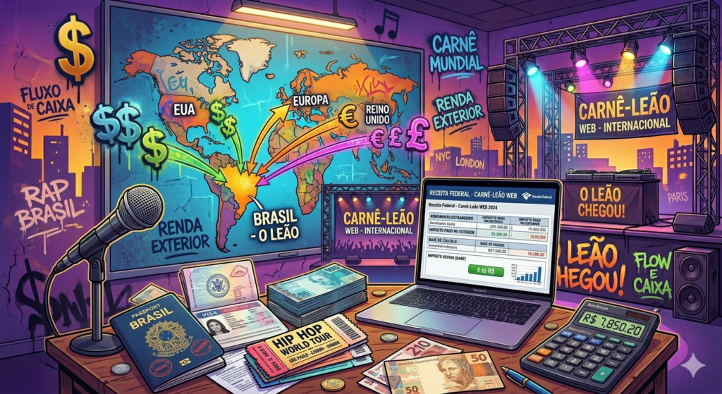 Ilustração de um mapa-múndi com cifrões em diferentes moedas (dólar, euro, libra) voando em direção ao Brasil. Ao fundo, um notebook aberto mostrando a tela do Carnê-Leão Web. Na lateral, um microfone e elementos de palco internacional como passaporte, visto e ingresso de show.