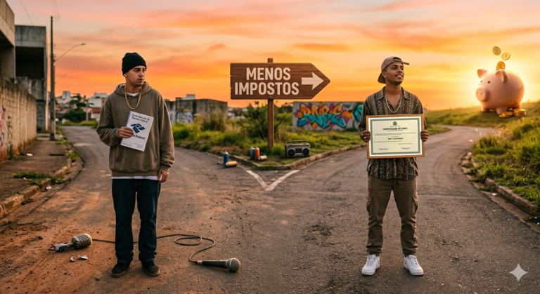 Imagem de Dois caminhos se dividindo em uma estrada. De um lado, uma pessoa segurando um carnê com a imagem do Leão da Receita Federal. Do outro, alguém segurando um certificado de CNPJ com um porquinho-moedinha ao fundo. No horizonte, uma placa indicando "Menos impostos" na direção do CNPJ. Elementos do hip hop espalhados: um boné, uma corrente, um microfone caído no chão. Fundo com gradiente de cores vibrantes, mesclando laranja e dourado