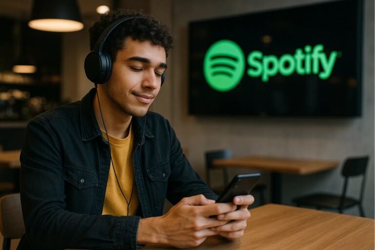 Um jovem com celular na mão ouve música no Spotify