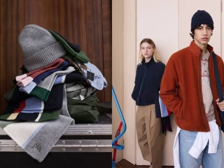 Roupas da linha JW Anderson x UNIQLO FW26 ao lado de modelos