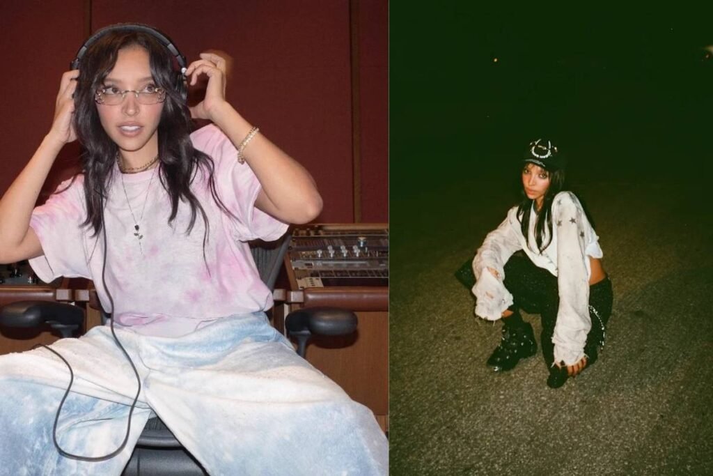 Tinashe ao lado da capa de 'Popstar'